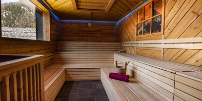 Campingplätze - Reisemobilstellplatz vor der Schranke - Sauna im Altholz-Look mit Panoramafenster - Camping-Resort Allweglehen